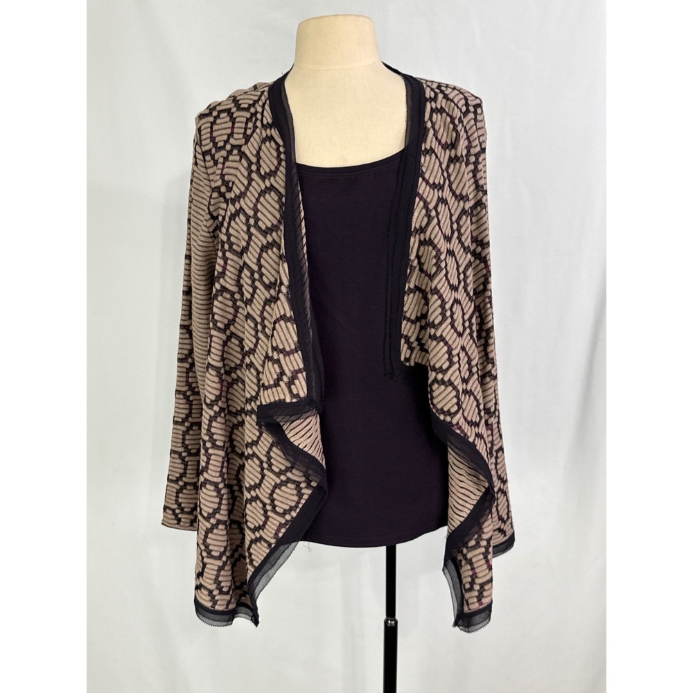 NIC+ZOE‎ Beige Black Purple Geometric Waterfall Open Front Cardigan Tank Set XL